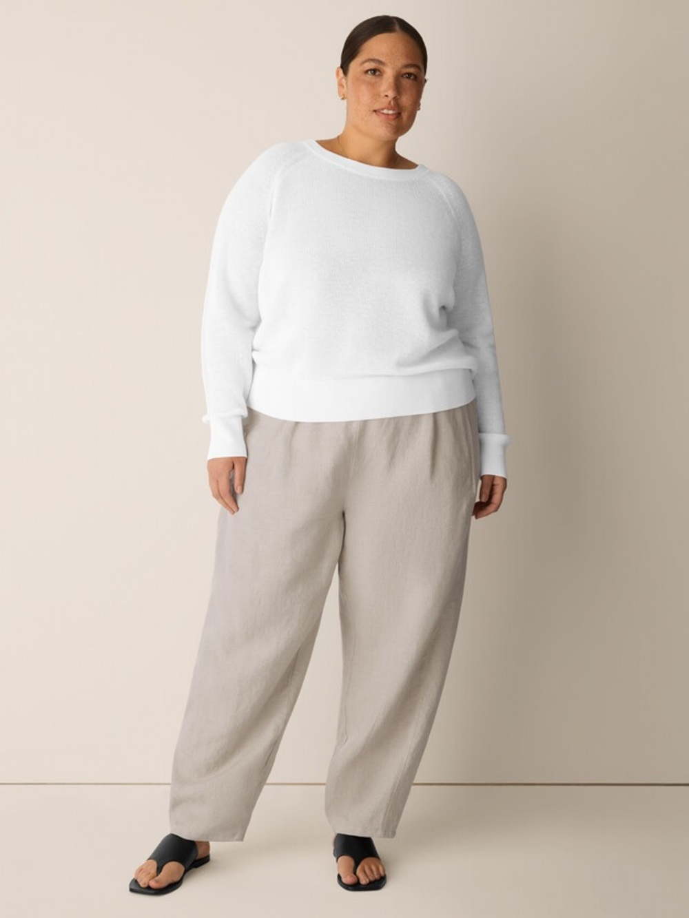 Eileen Fisher Linen Lantern Pants Oatmeal Beige Elastic Waist Tapered Leg Womens